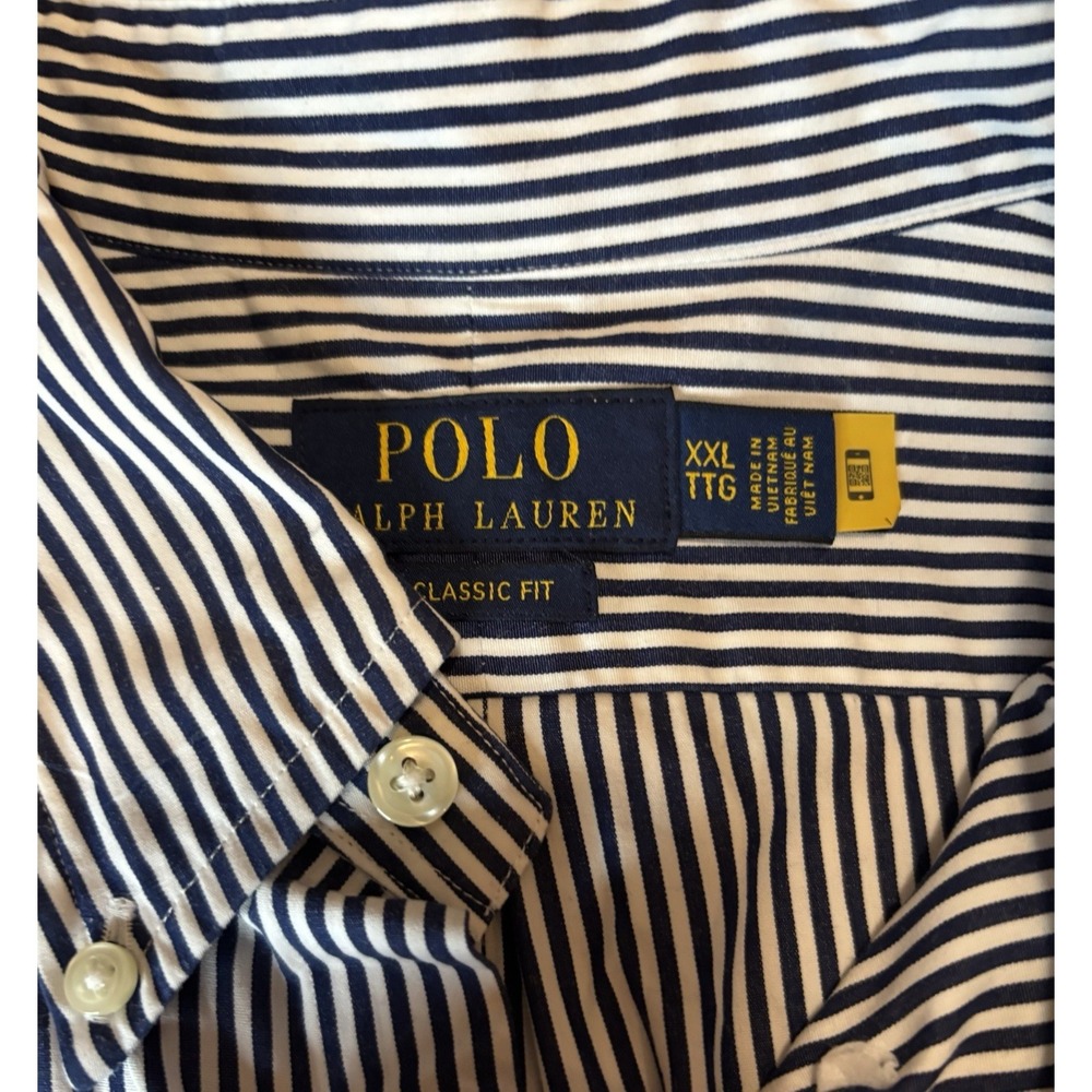 Polo Ralph Lauren Shirt Men XXL Blue Striped Classic Fit Button Up Red Pony - Picture 2 of 5
